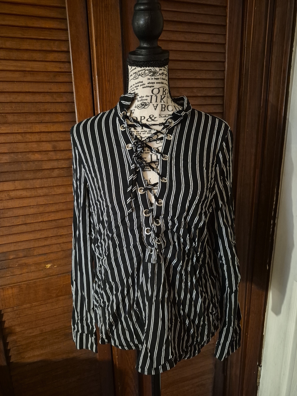 H&M Black and White Lace-Up Vertical Stripe Blouse